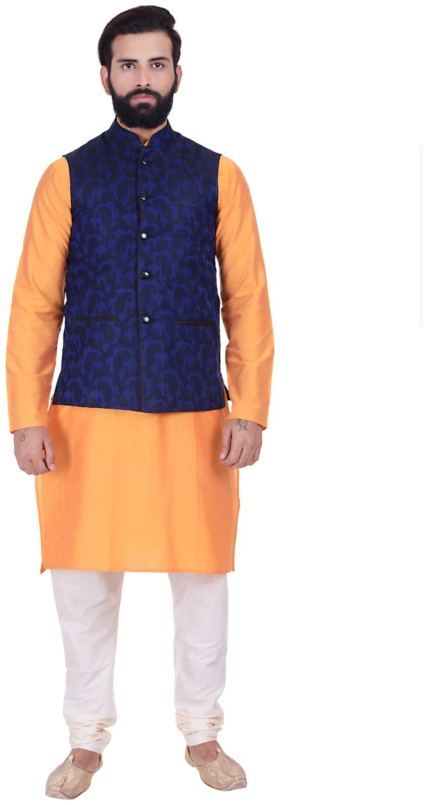 

Kisah Cotton Silk Navy Blue Yellow Men s Kurta Churidar And Jacket Set