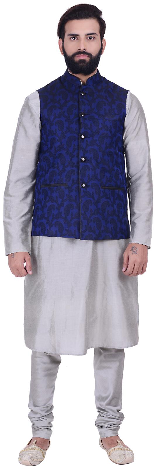 

Kisah Cotton Silk Navy Blue Gray Men s Kurta Churidar And Jacket Set