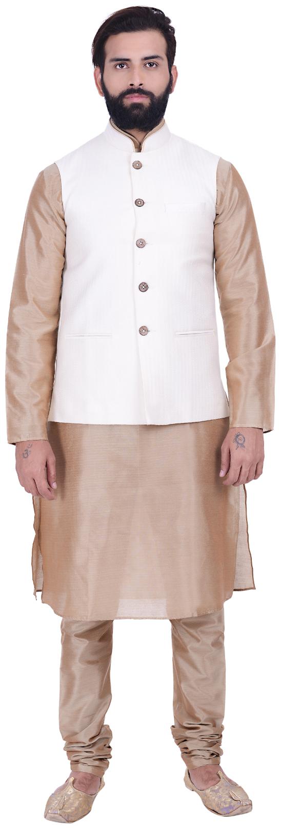

Kisah Cotton Silk Cream Brown Men s Kurta Churidar And Jacket Set