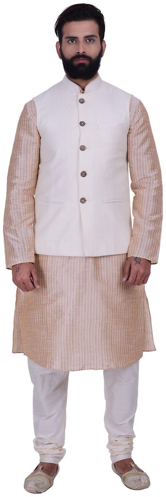 

Kisah Cream Cream Color Jaquard Cotton Silk Kurta And Churidar With Ethnic Jacket