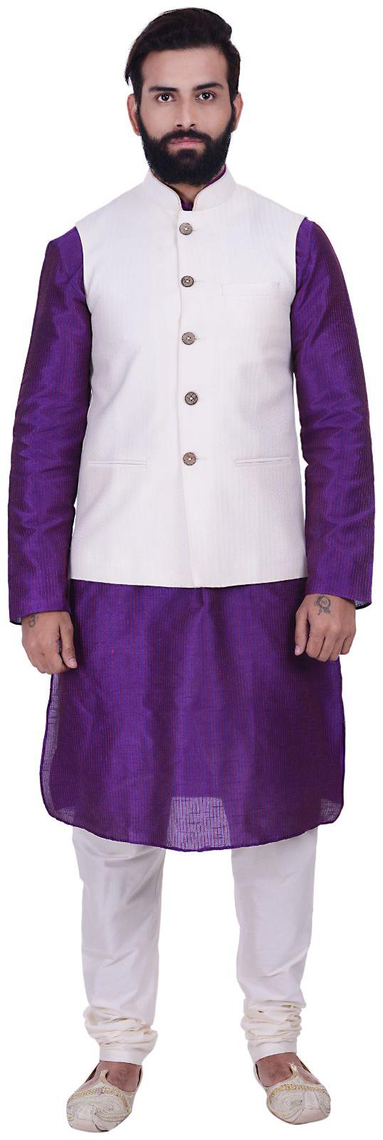 

Kisah Cream Purple Color Jaquard Cotton Silk Kurta And Churidar With Ethnic Jacket