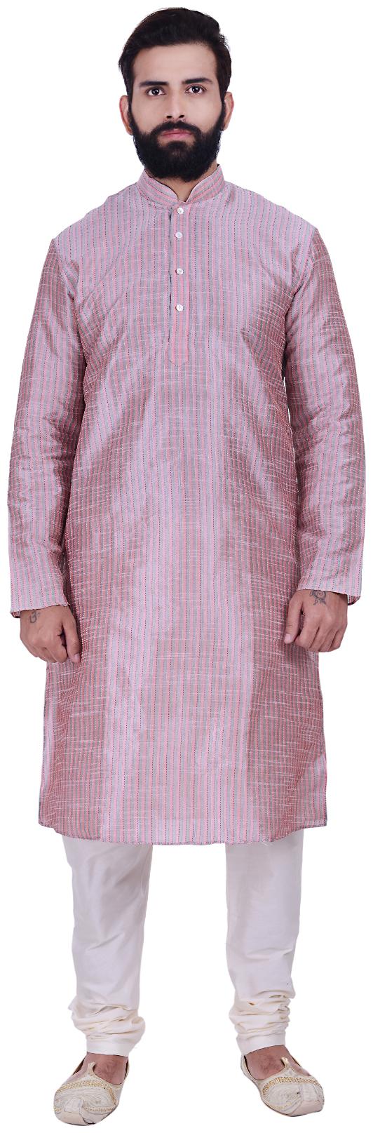 

Kisah Dupion Silk Pink Grey Men s Kurta Churidar Set