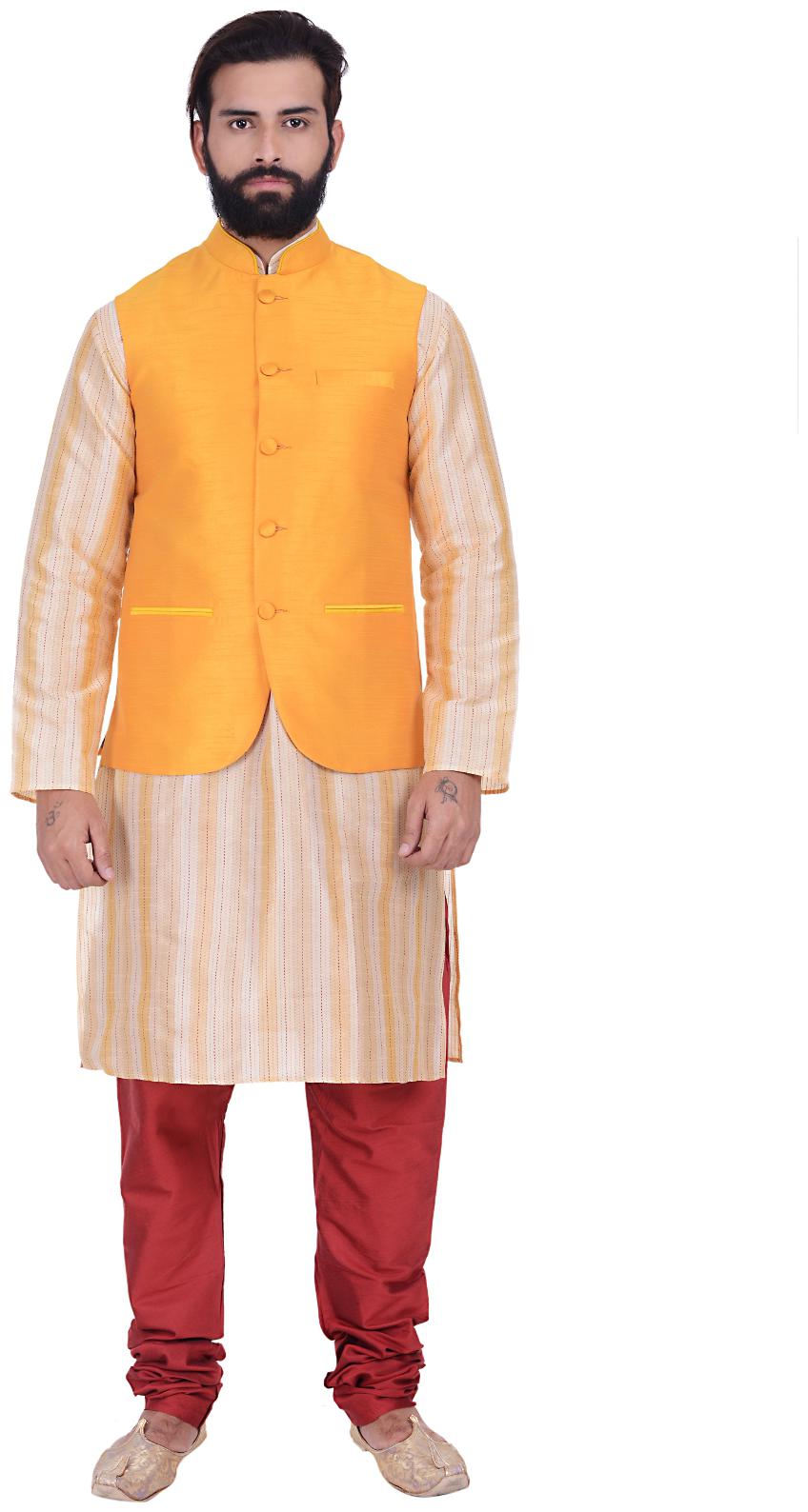 

Kisah Dupion Silk Jaffa Cream Men s Kurta Churidar And Jacket Set