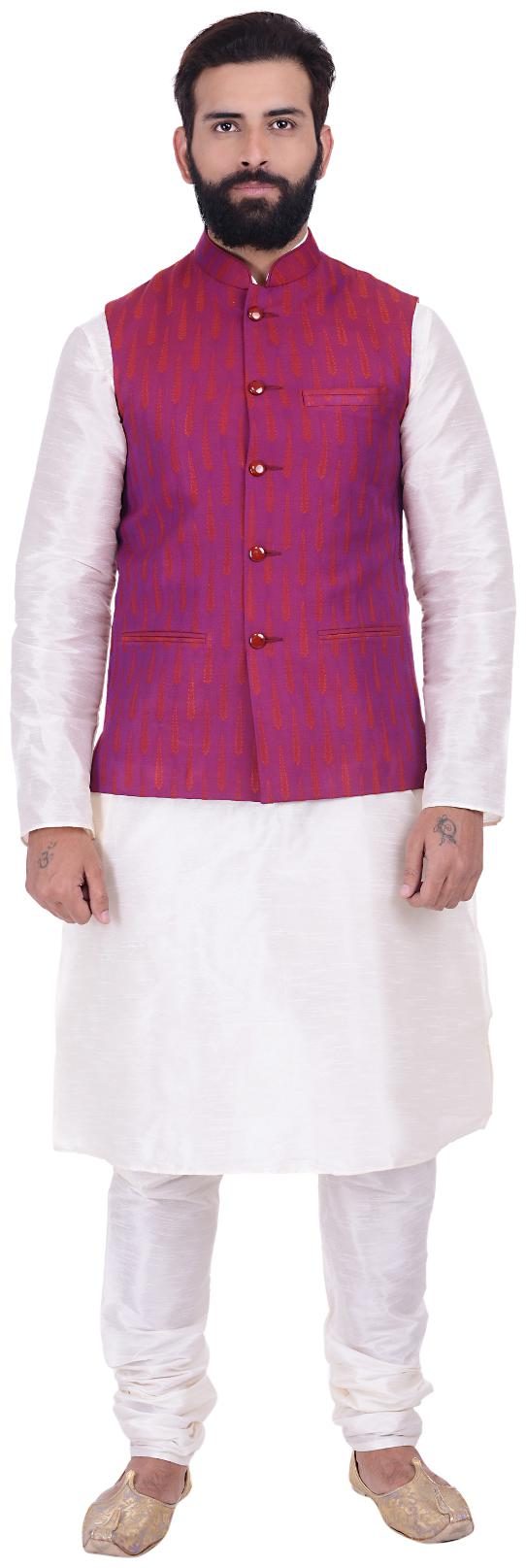 

Kisah Dupion Silk Magenta Off White Men s Kurta Churidar And Jacket Set