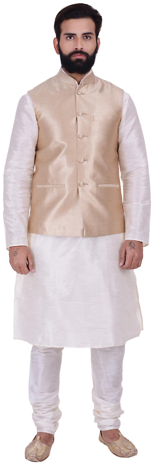 

Kisah Dupion Silk Beige Off White Men s Kurta Churidar And Jacket Set