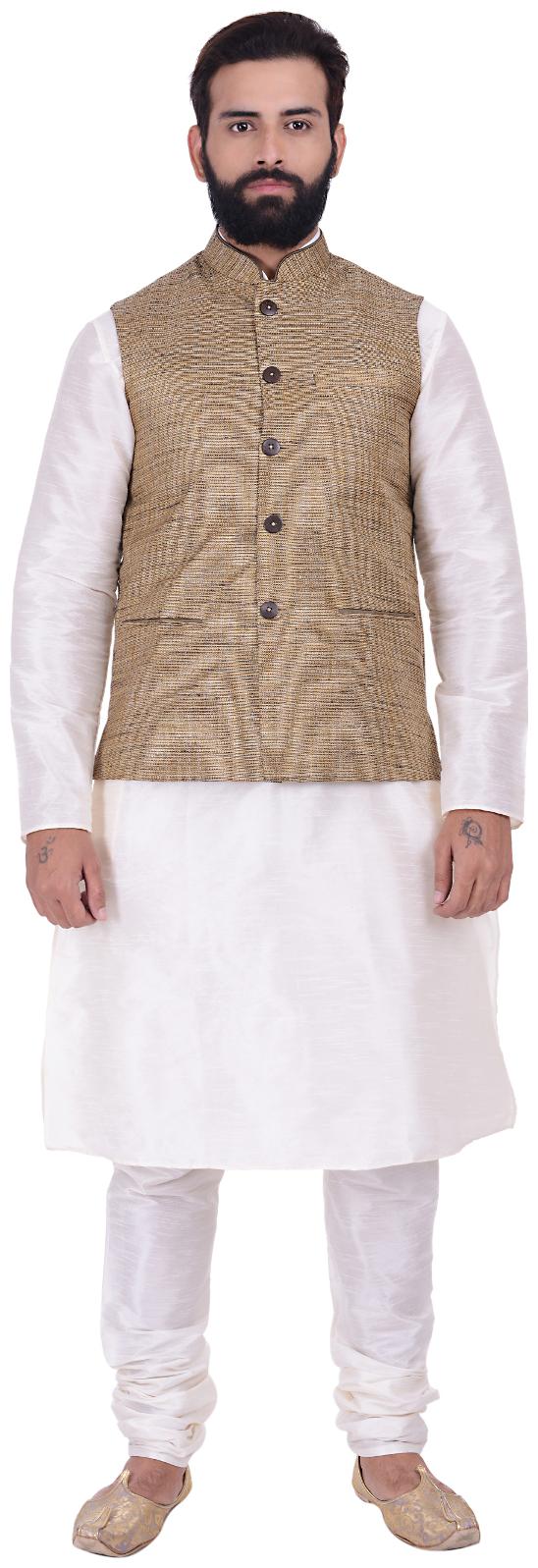 

Kisah Dupion Silk Brown Off White Men s Kurta Churidar And Jacket Set