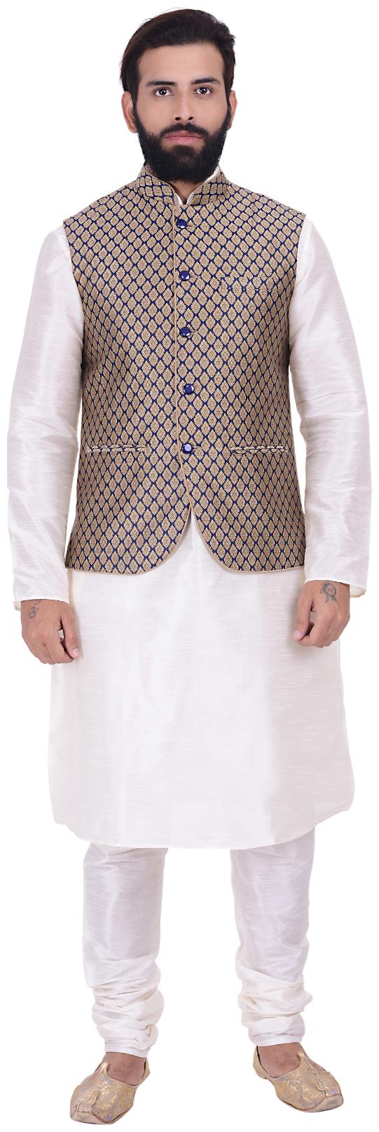 

Kisah Dupion Silk Beige Blue Off White Men s Kurta Churidar And Jacket Set