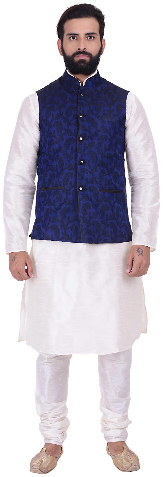 

Kisah Dupion Silk Navy Blue Off White Men s Kurta Churidar And Jacket Set