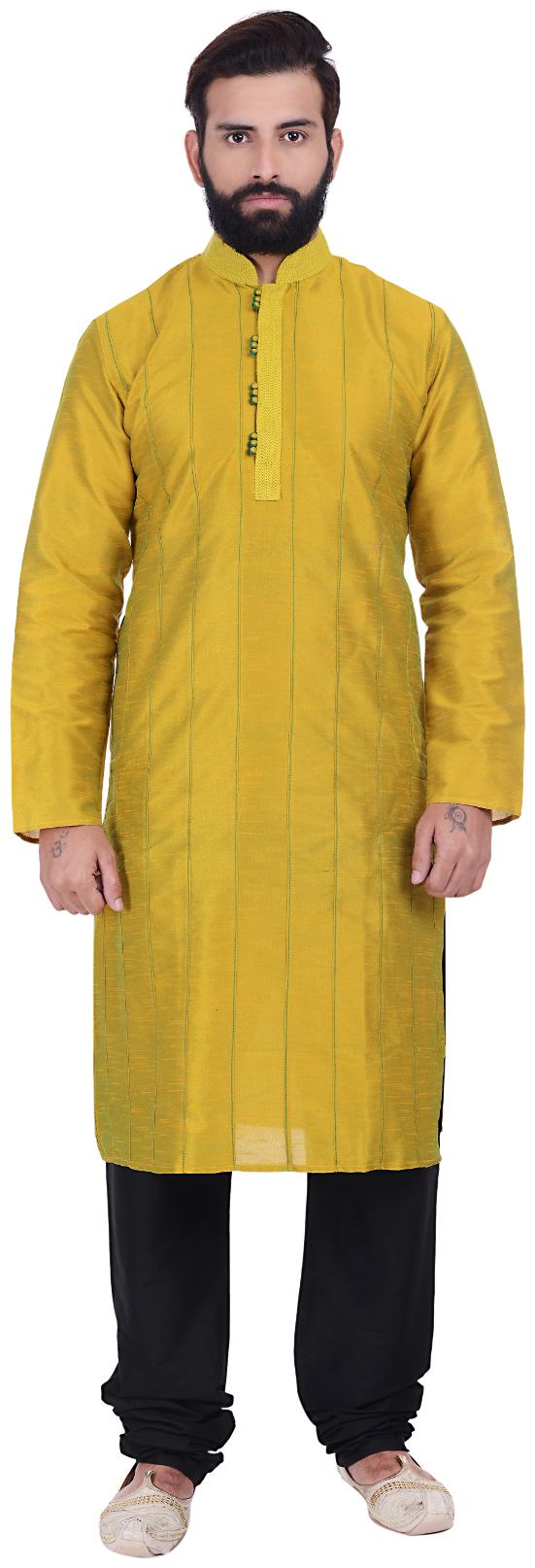 

Kisah Dupion Silk Yellow Green Men s Kurta Churidar Set