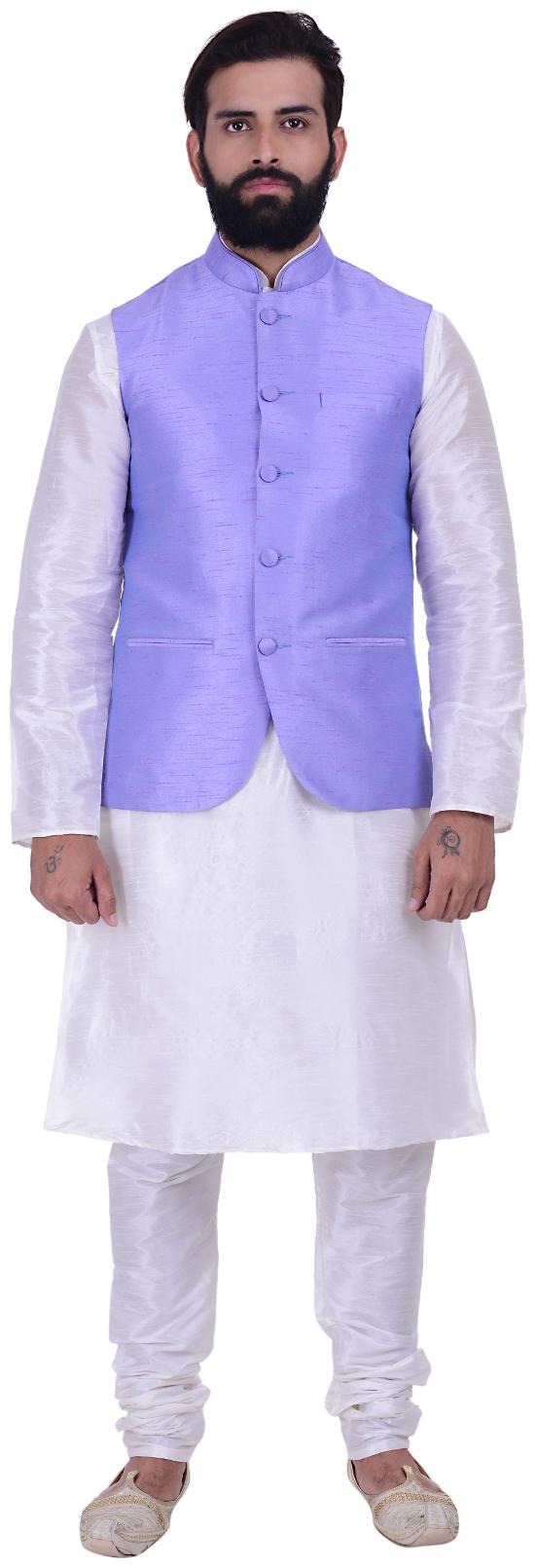 

Kisah Dupion Silk Light Purple Off White Men s Kurta Churidar And Jacket Set
