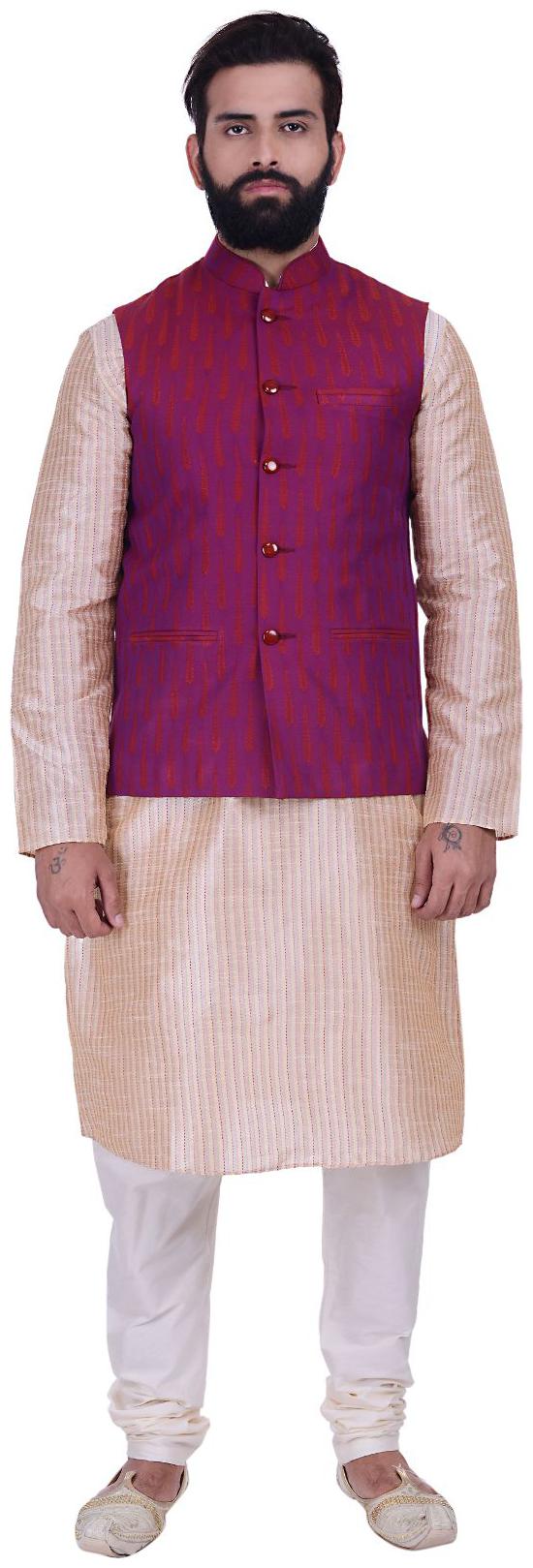 

Kisah Magenta Cream Color Jaquard Cotton Silk Kurta And Churidar With Ethnic Jacket