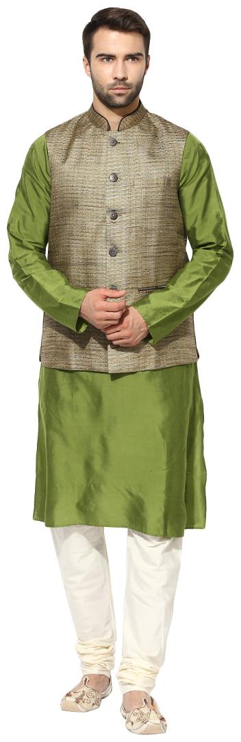 

Kisah Men s Benarasi Cotton Silk Self Design Waistcoat with Kurta and Churidar Set