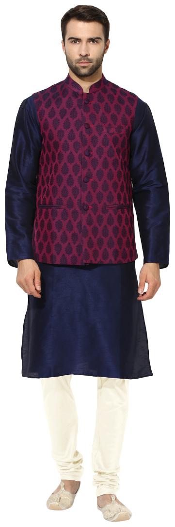 

Kisah Men s Benarasi Cotton Silk Purple Waistcoat with Kurta and Churidar Set