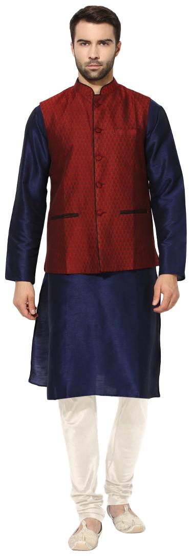 

Kisah Men s Benarasi Cotton Silk Maroon Waistcoat with Kurta and Churidar Set