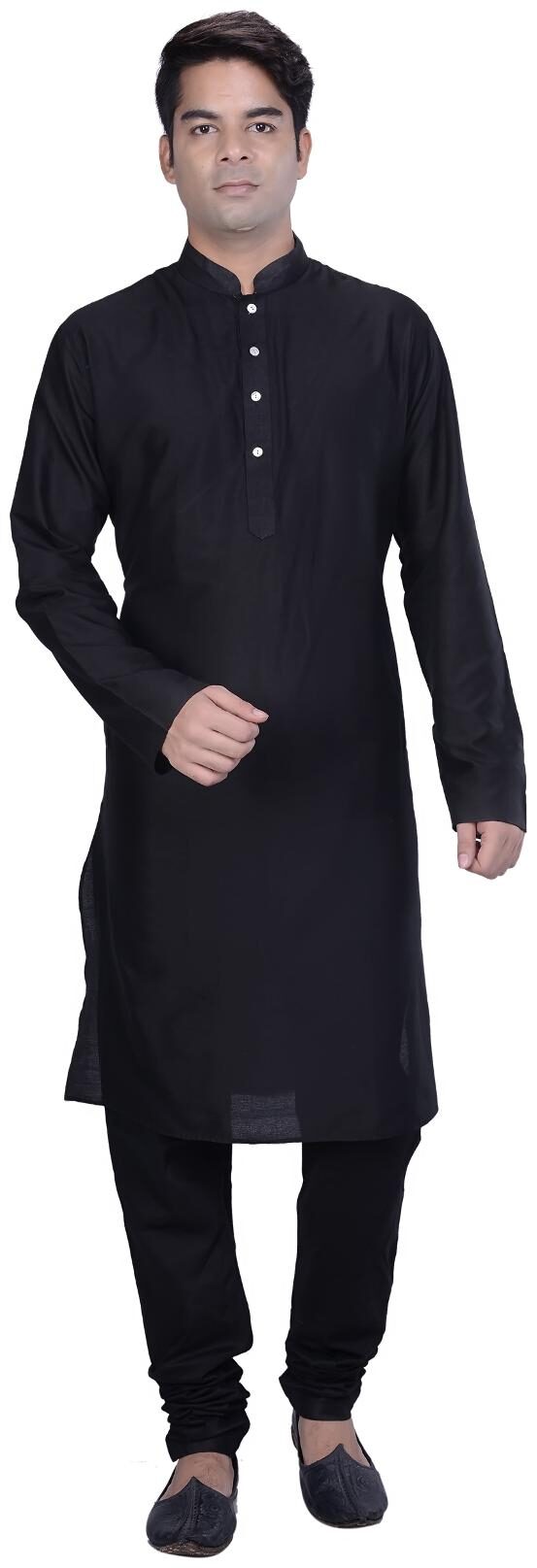 

Kisah Men s Black Solid Long Jaquard Cotton Silk Kurta Churidar Set