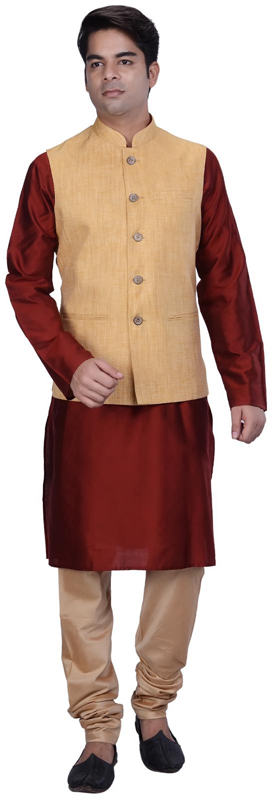 

Kisah Men s Benarasi Cotton Silk Self Design Waistcoat with Kurta and Churidar Set