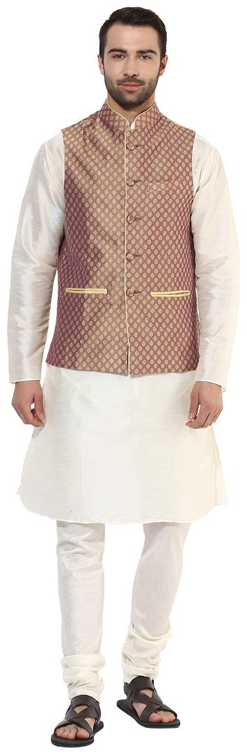 

Kisah Men s Benarasi Cotton Silk Self Design Waistcoat with Kurta and Churidar Set