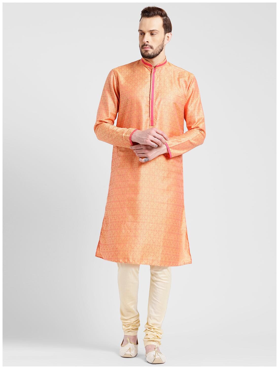 

Kisah Men s Kesaria Light Yellow Benarasi Jaquard Cotton Silk Self Design Kurta