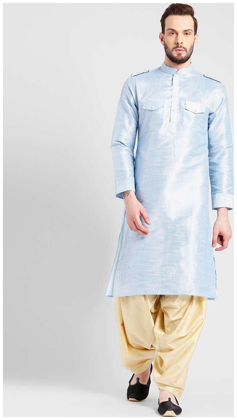

Kisah Men s Light blue Dupion Silk Kantha Kurta Churidar Set