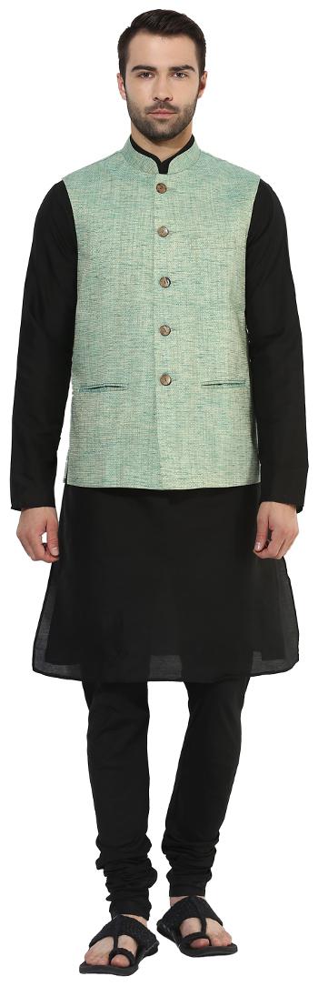 

Kisah Men s Benarasi Cotton Silk Self Design Waistcoat with Kurta and Churidar Set