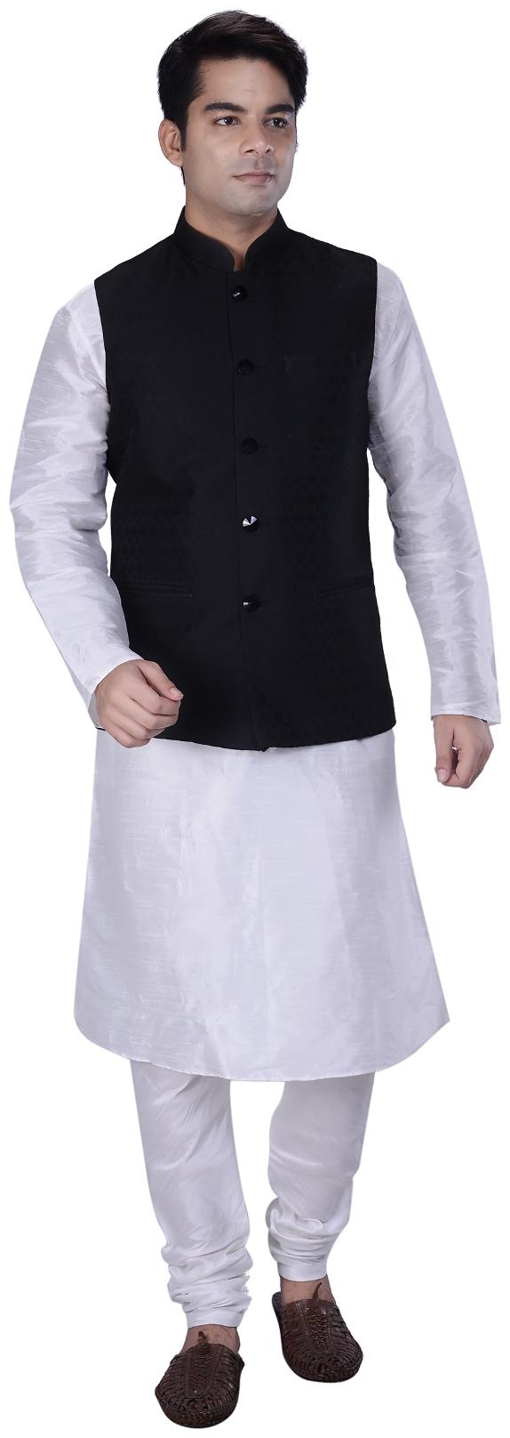 

Kisah Men s White Silk Blend Kurta And Churidar With Grey Linen Nehru Jacket