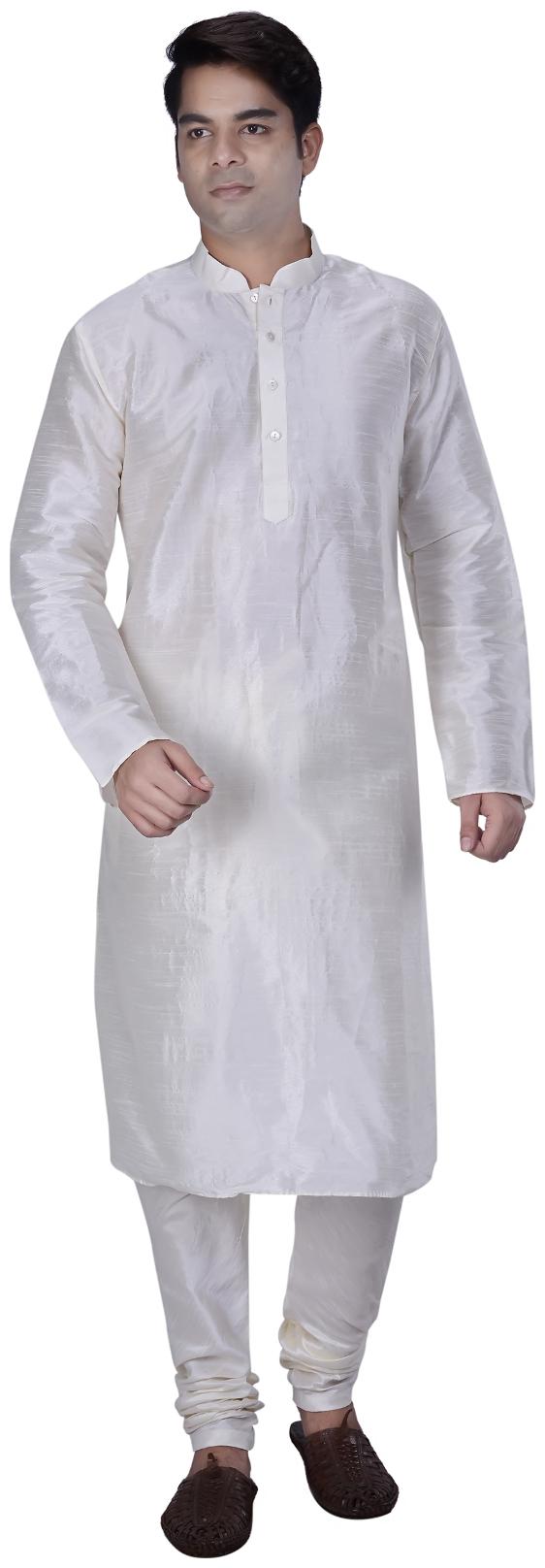 

Kisah Men s Creame Woven Long Dupion Silk Kurta Churidar Set