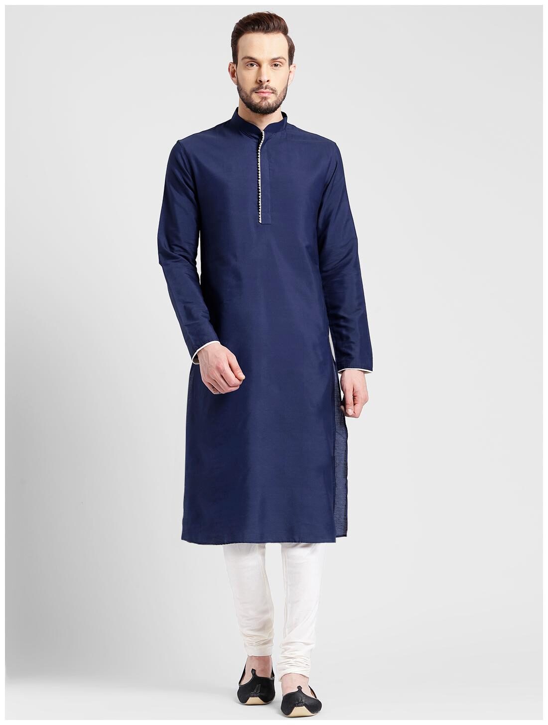 

Kisah Men s Navy Benarasi Cotton Silk Solid Coloured Kurta