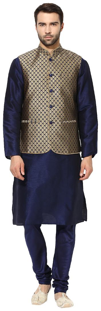 

Kisah Men s Benarasi Jaquard Cotton Silk Self Design Waistcoat with Kurta and Churidar Set