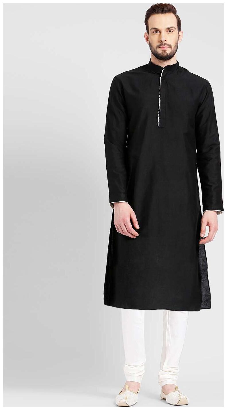 

Kisah Men s Black Benarasi Cotton Silk Solid Coloured Kurta Churidar Set
