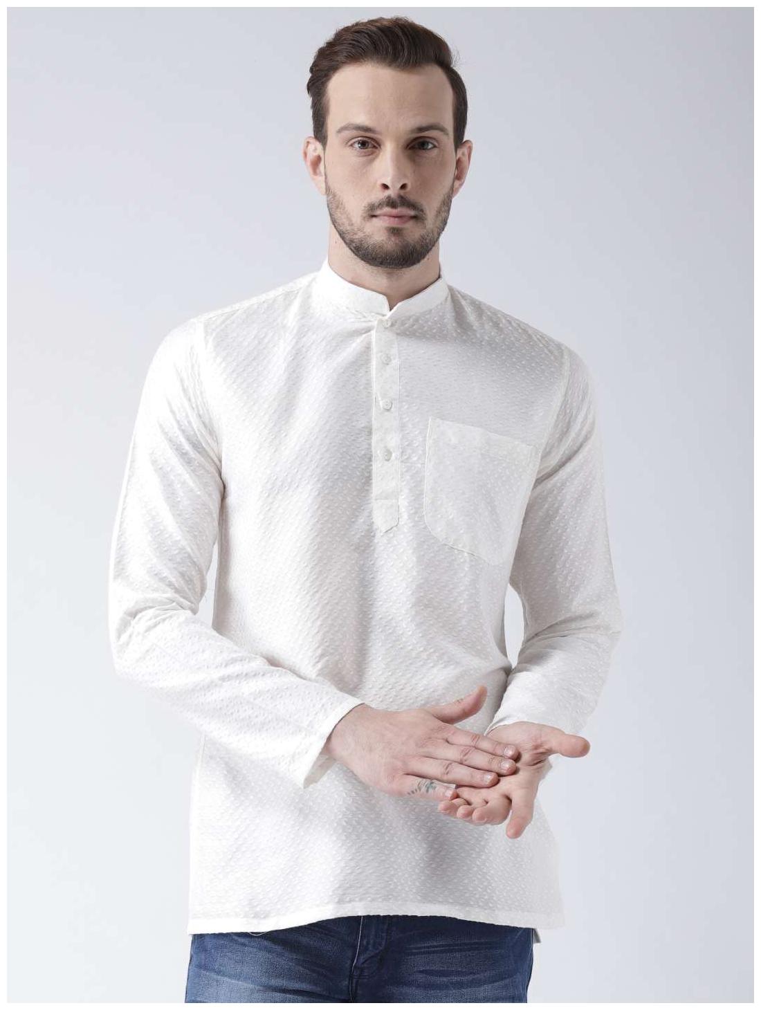 

Kisah Men s Ivory Benarasi Jaquard Cotton Silk Self Design Short Kurta