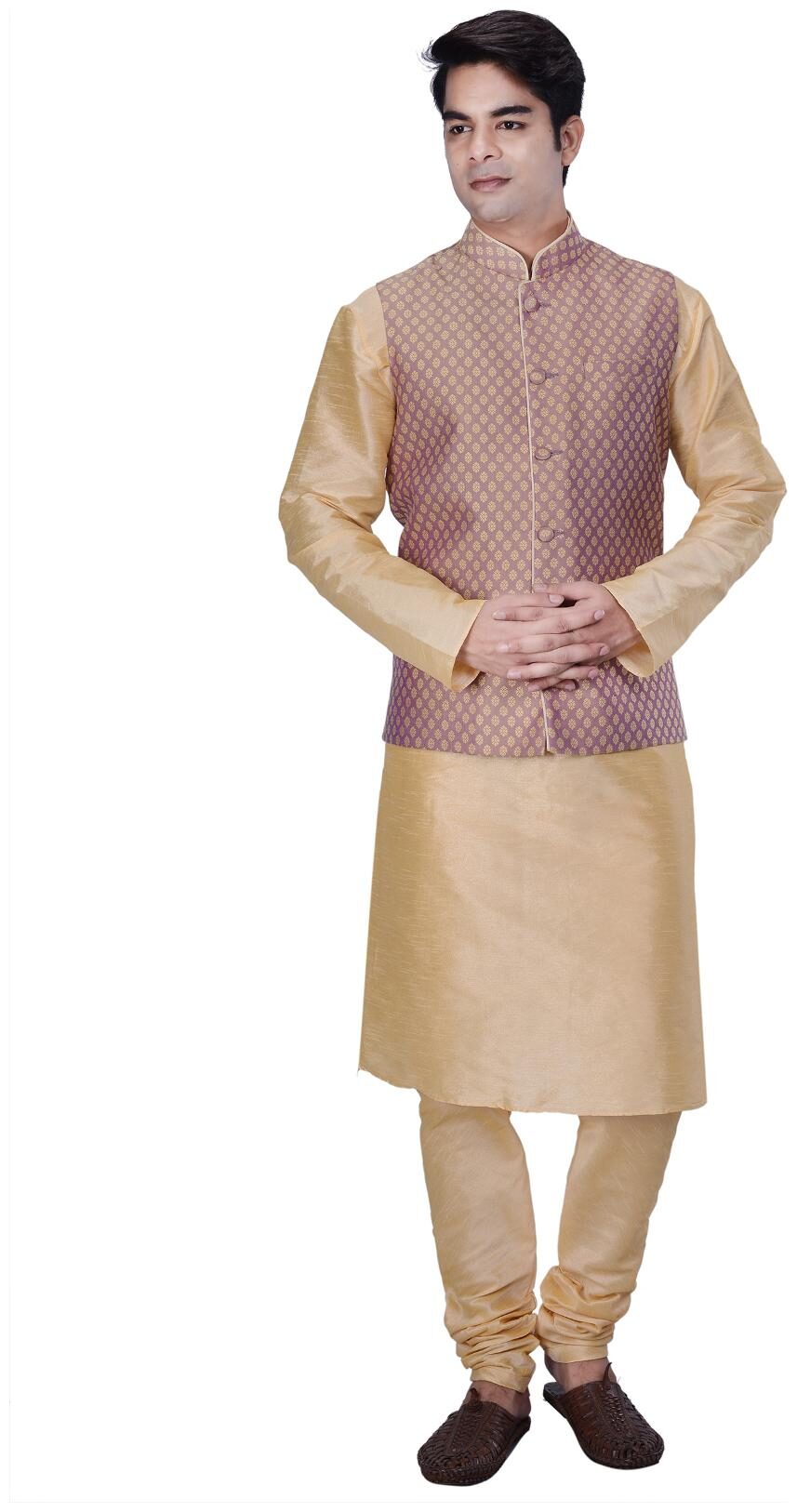 

Kisah Men s Beige Silk Blend Kurta And Churidar With Brown Cotton Silk Nehru Jacket