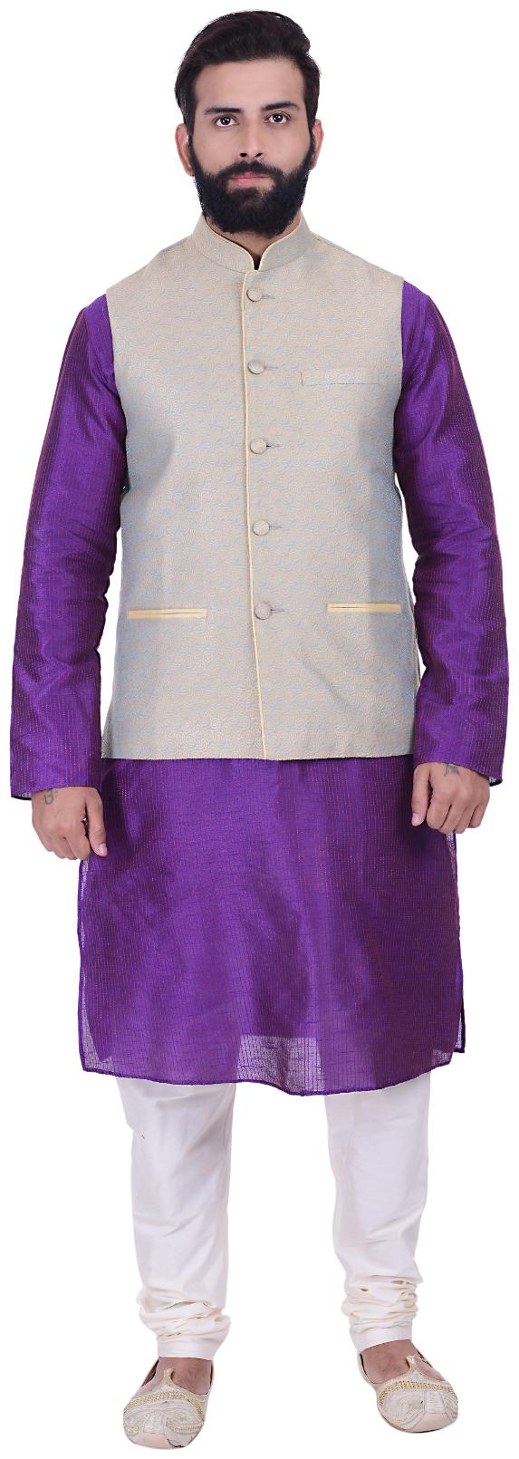 

Kisah Men s Benarasi Cotton Silk Self Design Waistcoat with Kurta and Churidar Set