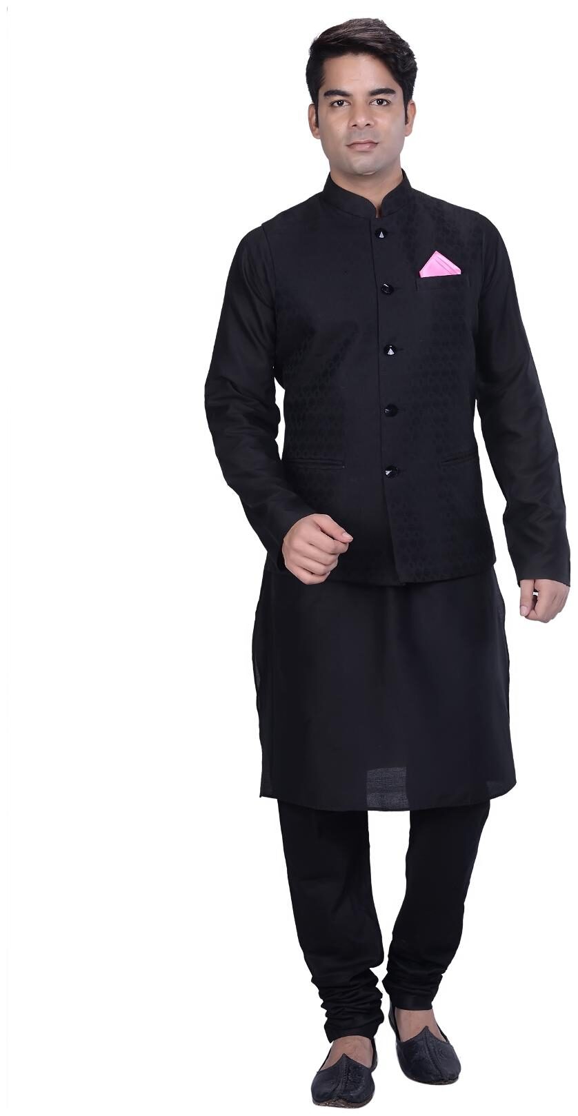 

Kisah Men s Black Cotton Silk Kurta And Churidar With Grey Cotton Silk Nehru Jacket