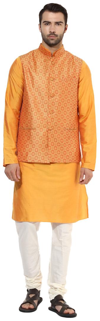 

Kisah Men s Benarasi Cotton Silk Self Design Waistcoat with Kurta and Churidar Set