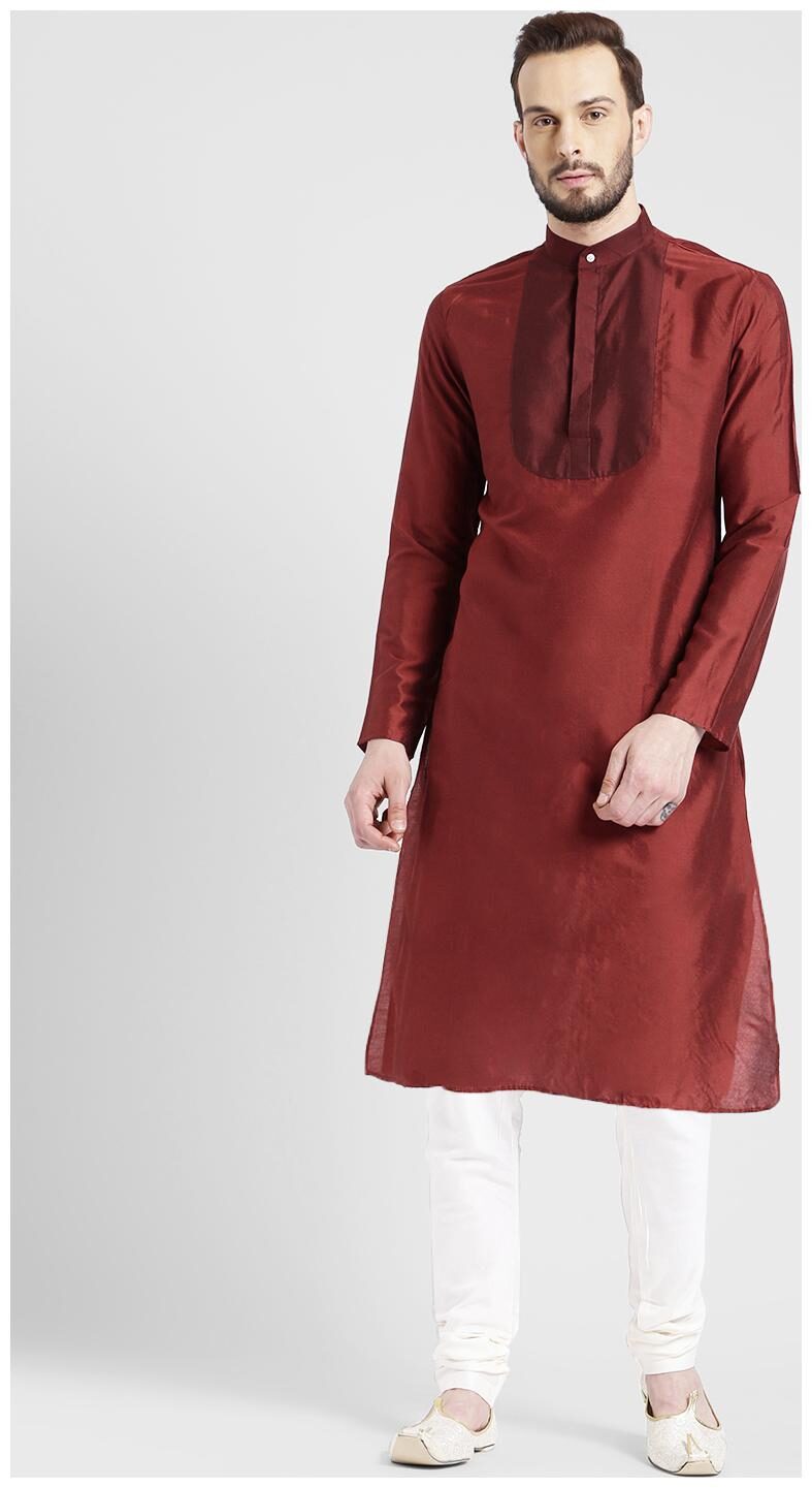 

Kisah Men s Tomato red Benarasi Cotton Silk Yoke Design Kurta Churidar Set