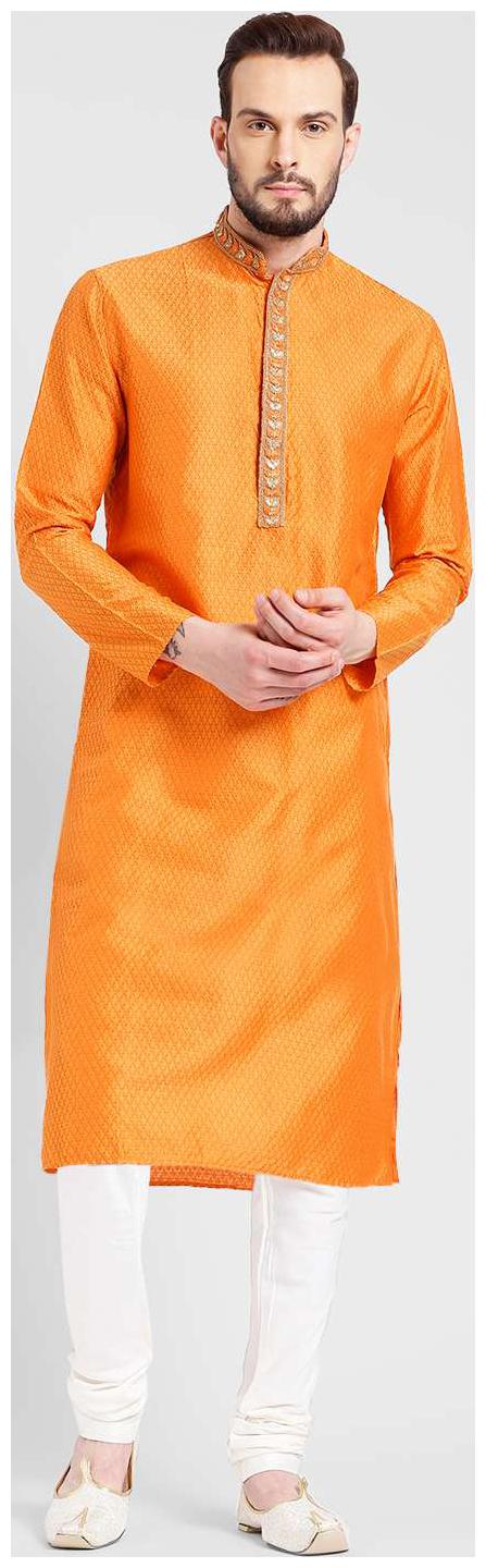 

Kisah Men s Orange Benarasi Jaquard Cotton Silk Embroidered Kurta Churidar Set