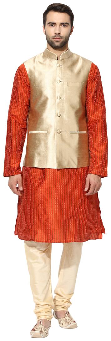 

Kisah Men s Benarasi Cotton Silk Self Design Waistcoat with Kurta and Churidar Set