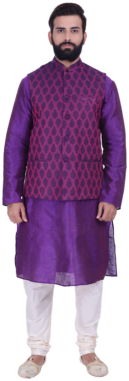 

Kisah Men s Benarasi Cotton Silk Self Design Waistcoat with Kurta and Churidar Set