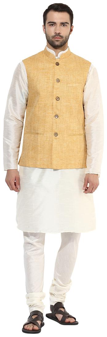 

Kisah Men s Benarasi Cotton Silk Self Design Waistcoat with Kurta and Churidar Set
