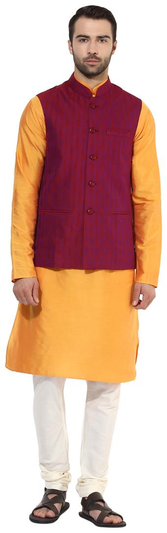 

Kisah Men s Benarasi Cotton Silk Self Design Waistcoat with Kurta and Churidar Set