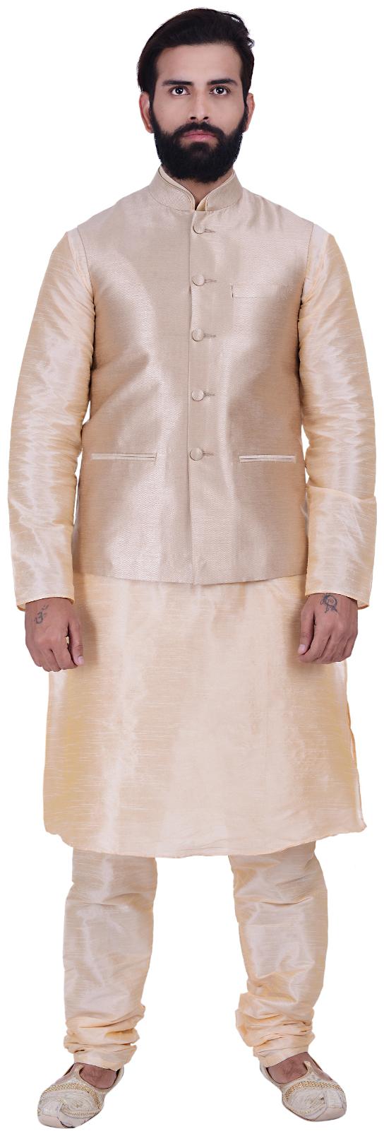 

Kisah Men s Benarasi Cotton Silk Self Design Waistcoat with Kurta and Churidar Set