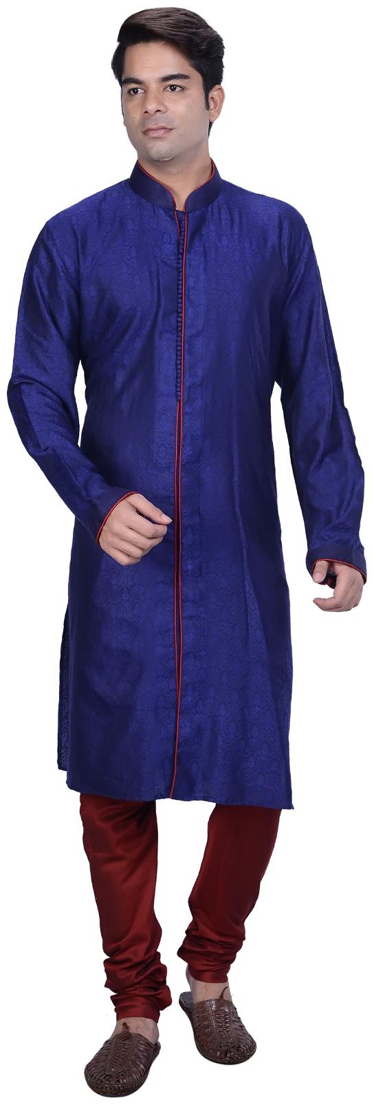 

Kisah Men s Blue Embroidered Long Jaquard Cotton Silk Kurta Churidar Set