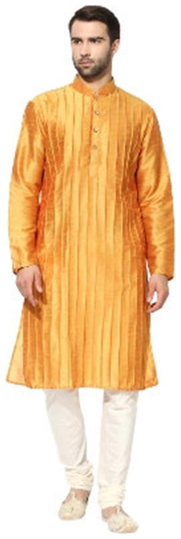 

Kisah Men s Kesaria Light Yellow Dupion Silk Pin tucks Kurta