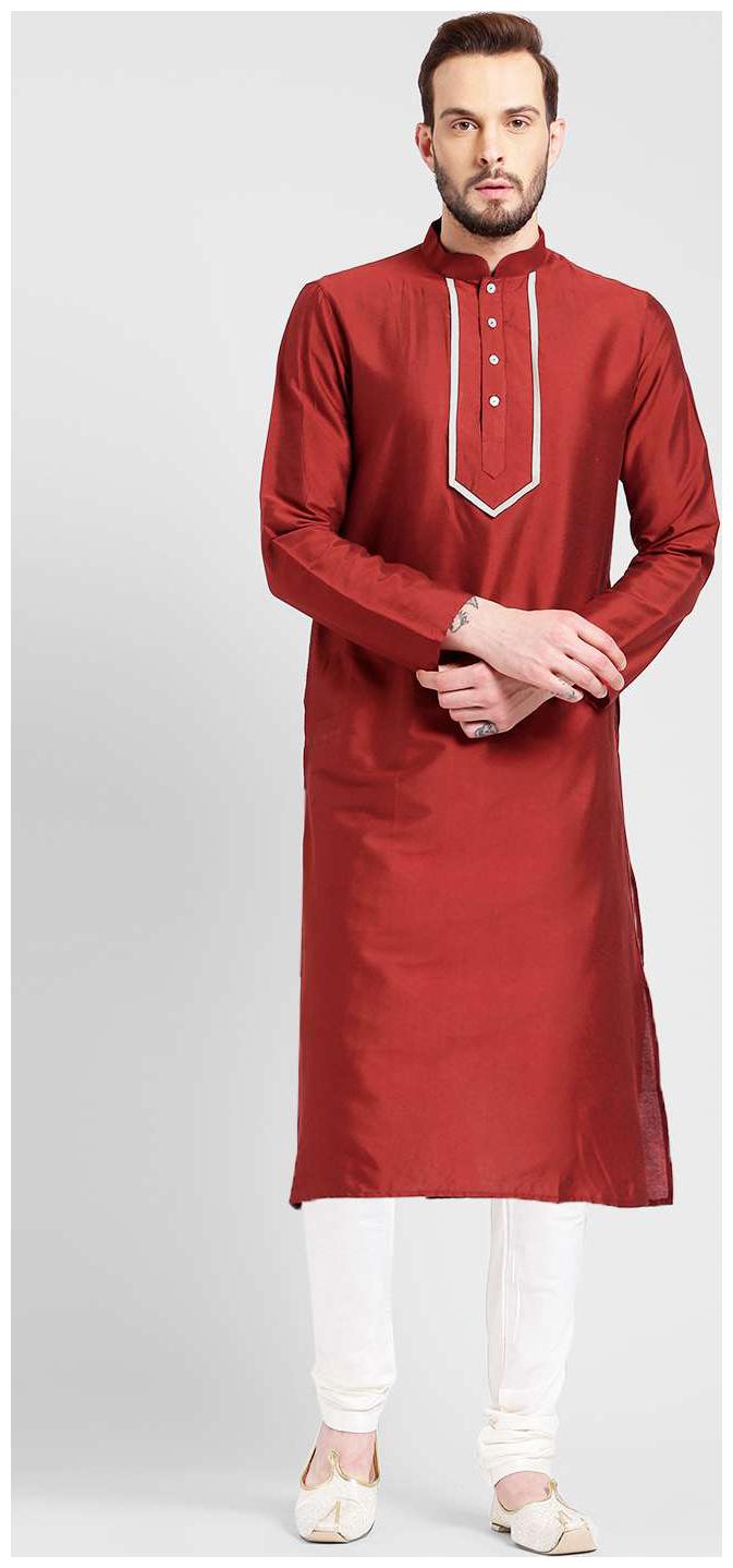 

Kisah Men s Tomato red Benarasi Cotton Silk Yoke Design Kurta Churidar Set