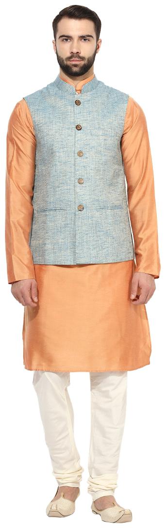 

Kisah Men s Benarasi Cotton Silk Woven Waistcoat with Kurta and Churidar Set