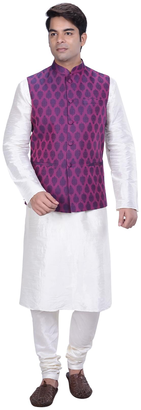 

Kisah Men s White Cotton Silk Kurta And Churidar With Purple Cotton Silk Nehru Jacket