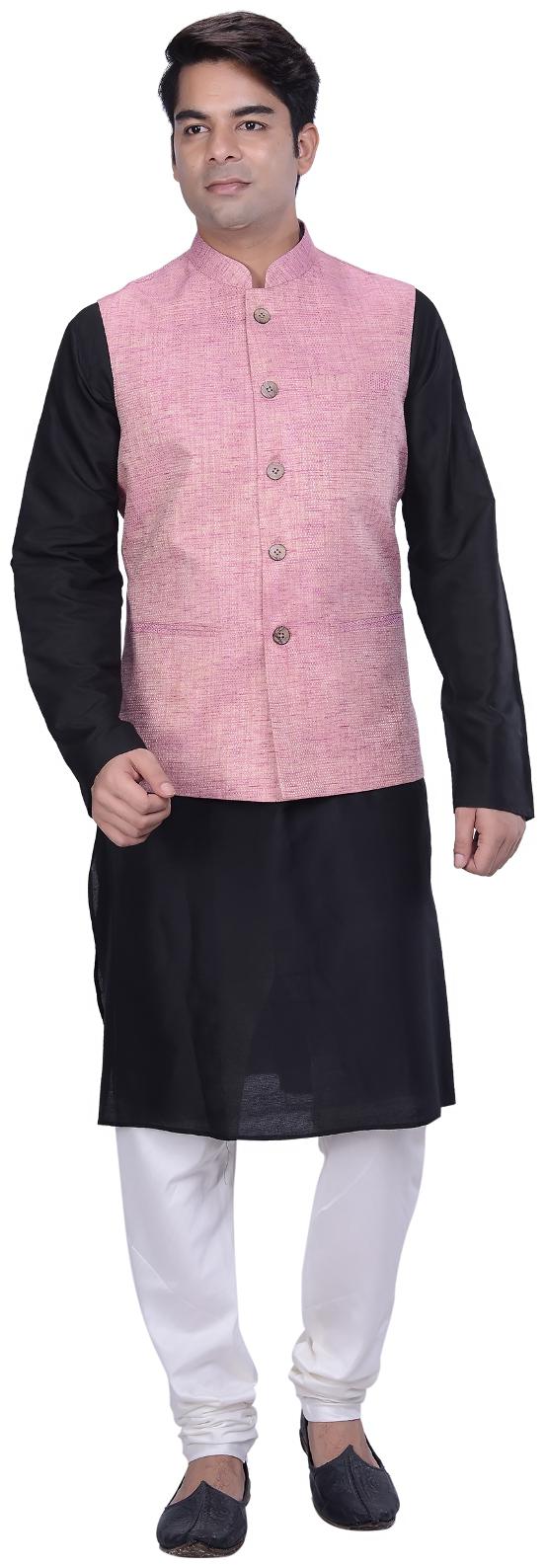 

Kisah Men s Black Cotton Silk Kurta And Churidar With Pink Cotton Silk Nehru Jacket