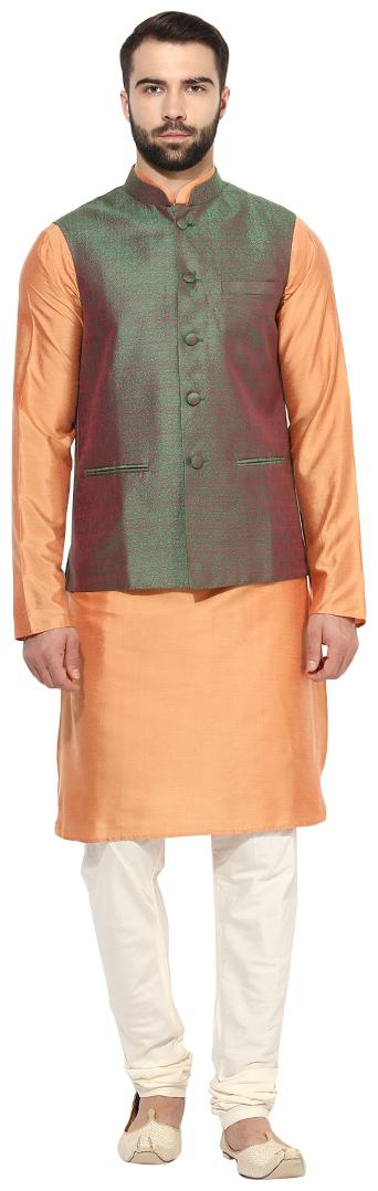 

Kisah Men s Benarasi Jaquard Cotton Silk Self Design Waistcoat with Kurta and Churidar Set
