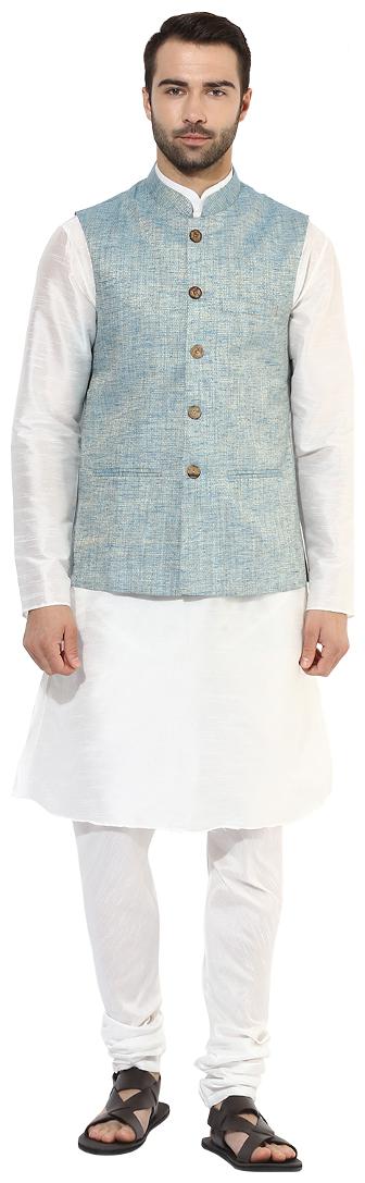 

Kisah Men s Benarasi Cotton Silk Self Design Waistcoat with Kurta and Churidar Set