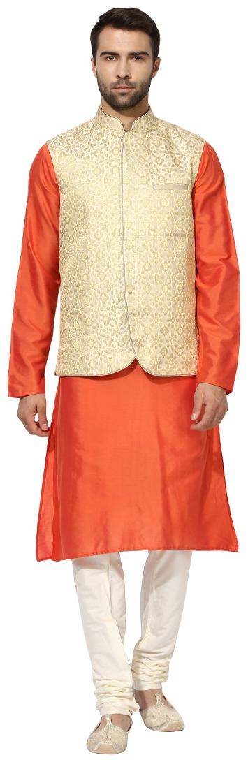 

Kisah Men s Benarasi Cotton Silk Self Design Waistcoat with Kurta and Churidar Set